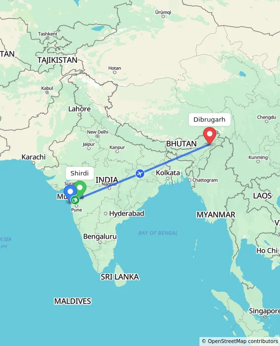Route map showing distance and travel time from Shirdi, India to Dibrugarh, India