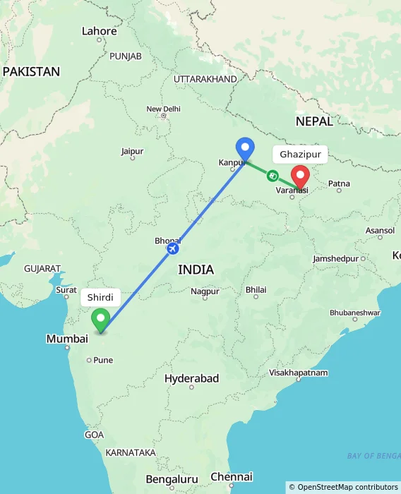 Route map showing distance and travel time from Shirdi, India to Ghazipur, India