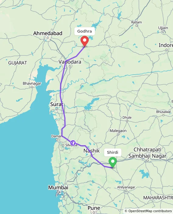 Route map showing distance and travel time from Shirdi, India to Godhra, India