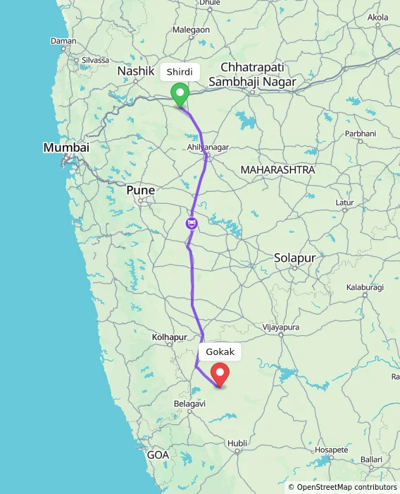 Route map showing distance and travel time from Shirdi, India to Gokak, India