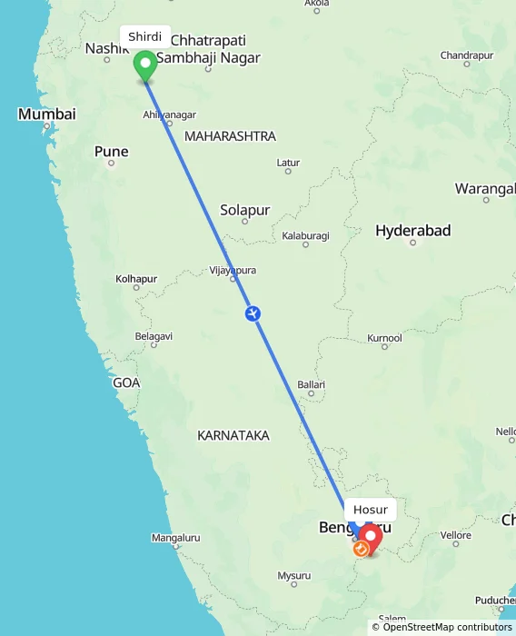 Route map showing distance and travel time from Shirdi, India to Hosur, India