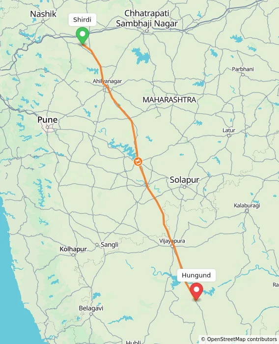 Route map showing distance and travel time from Shirdi, India to Hungund, India