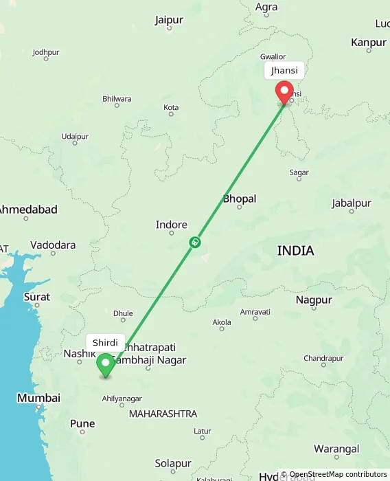 Route map showing distance and travel time from Shirdi, India to Jhansi, India