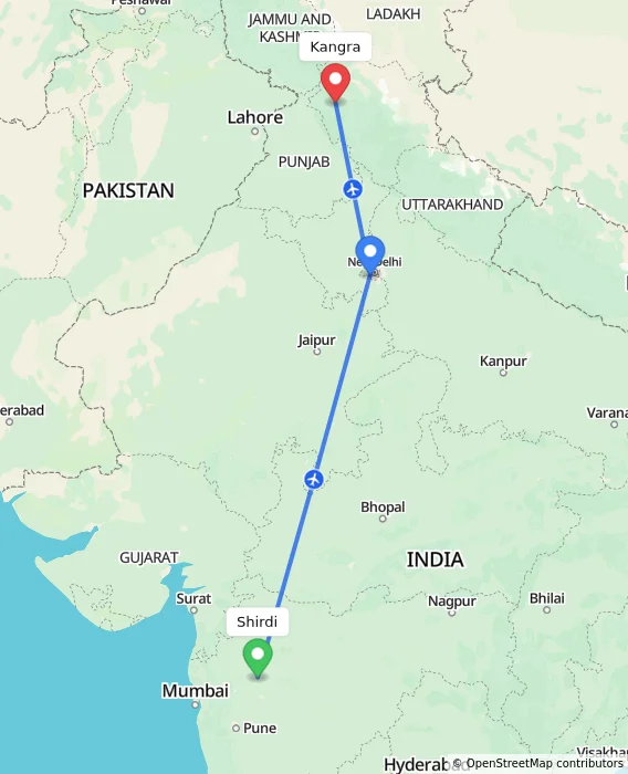 Route map showing distance and travel time from Shirdi, India to Kangra, India