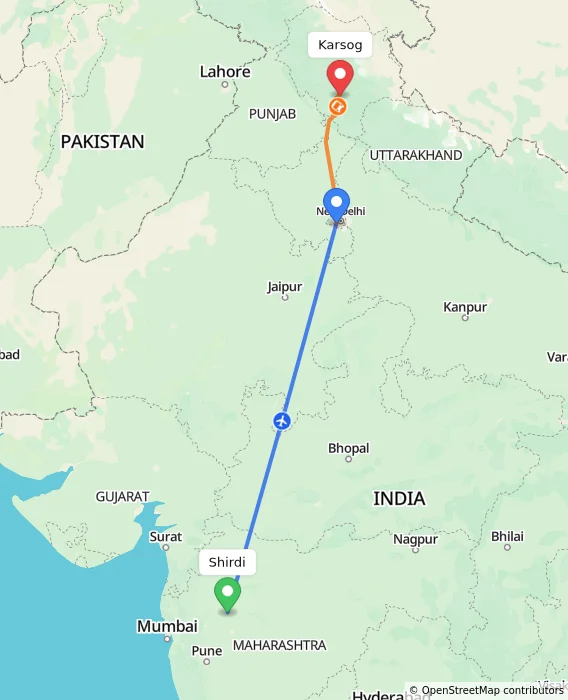 Route map showing distance and travel time from Shirdi, India to Karsog, India