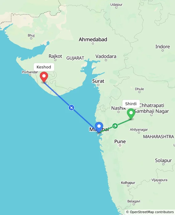Route map showing distance and travel time from Shirdi, India to Keshod, India