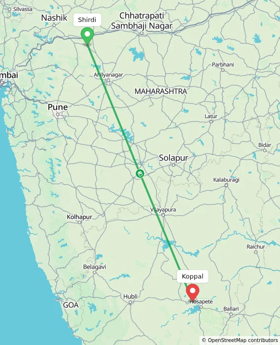 Route map showing distance and travel time from Shirdi, India to Koppal, India