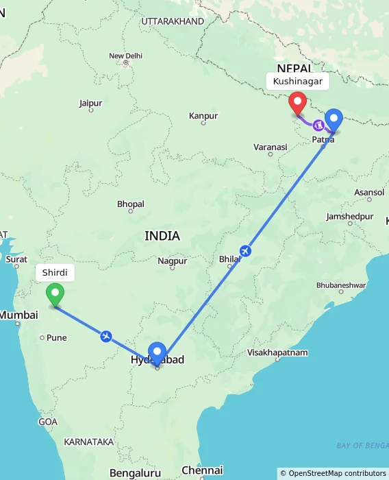 Route map showing distance and travel time from Shirdi, India to Kushinagar, India