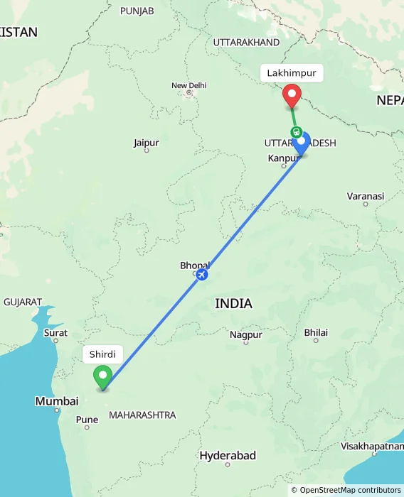 Route map showing distance and travel time from Shirdi, India to Lakhimpur, India