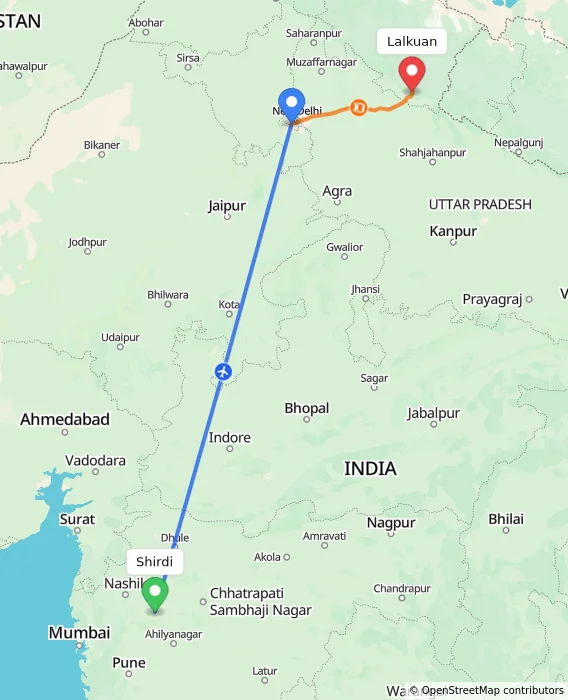 Route map showing distance and travel time from Shirdi, India to Lalkuan, India