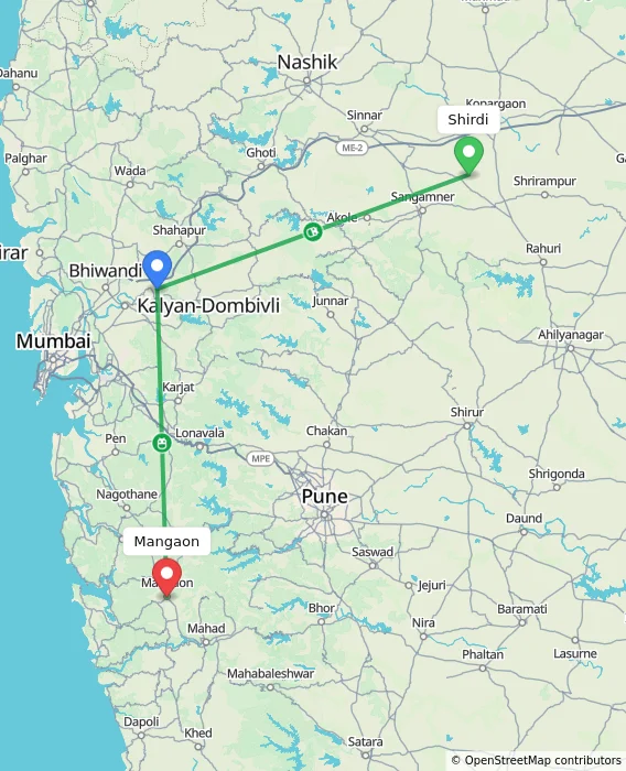 Route map showing distance and travel time from Shirdi, India to Mangaon, India