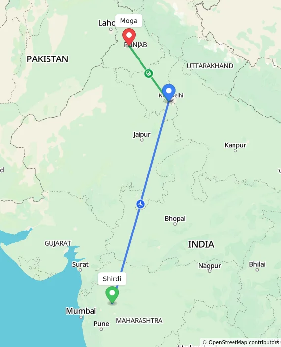 Route map showing distance and travel time from Shirdi, India to Moga, India
