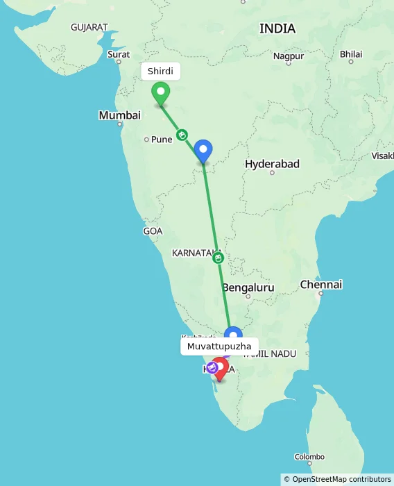Route map showing distance and travel time from Shirdi, India to Muvattupuzha, India