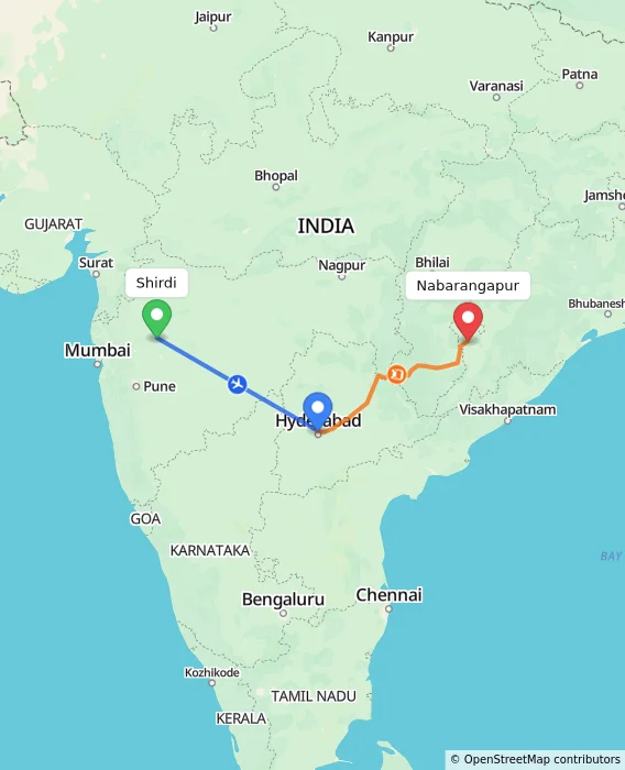 Route map showing distance and travel time from Shirdi, India to Nabarangapur, India