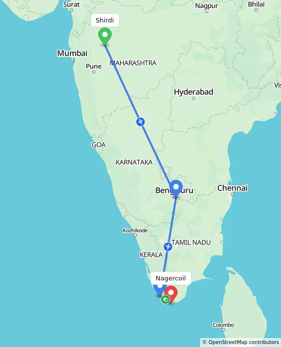 Route map showing distance and travel time from Shirdi, India to Nagercoil, India
