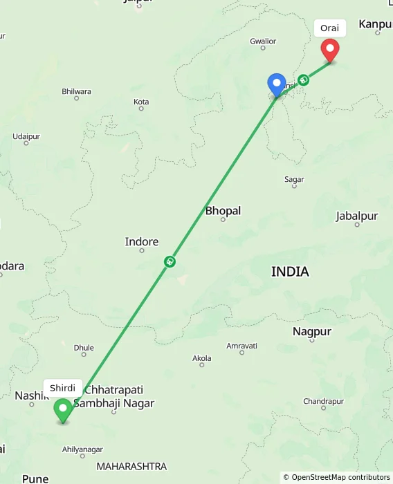 Route map showing distance and travel time from Shirdi, India to Orai, India
