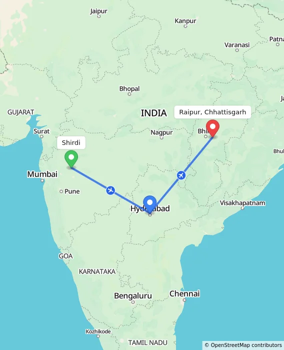 Route map showing distance and travel time from Shirdi, India to Raipur, Chhattisgarh, India