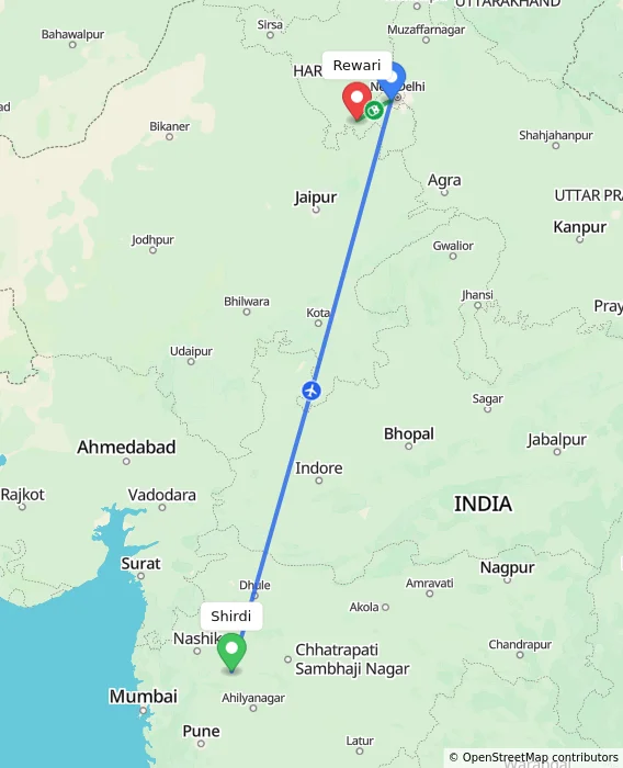 Route map showing distance and travel time from Shirdi, India to Rewari, India