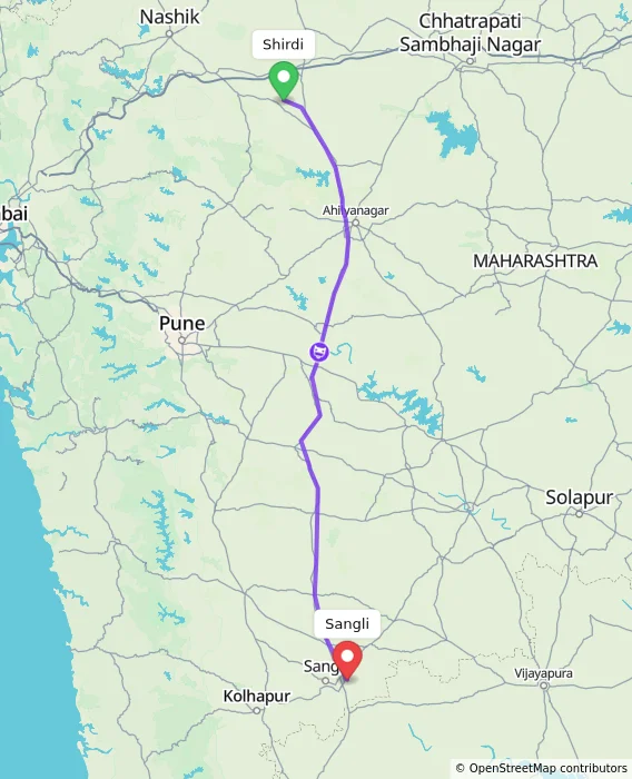 Route map showing distance and travel time from Shirdi, India to Sangli, India