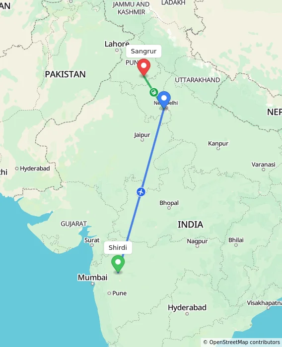 Route map showing distance and travel time from Shirdi, India to Sangrur, India