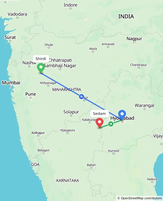 Route map showing distance and travel time from Shirdi, India to Sedam, India