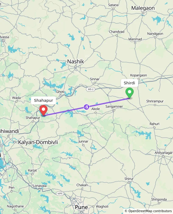 Route map showing distance and travel time from Shirdi, India to Shahapur, India