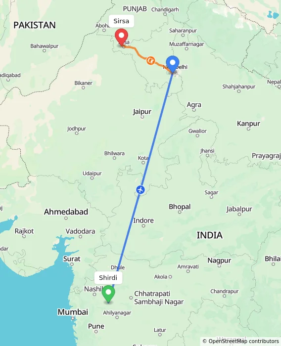 Route map showing distance and travel time from Shirdi, India to Sirsa, India