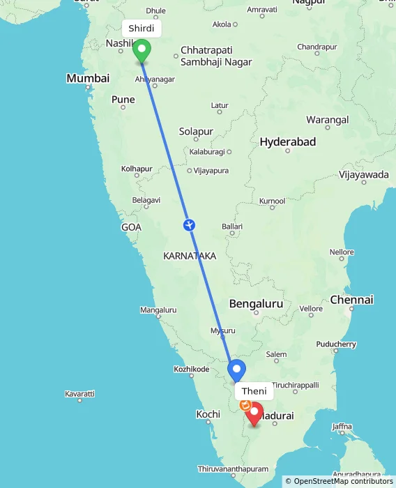 Route map showing distance and travel time from Shirdi, India to Theni, India