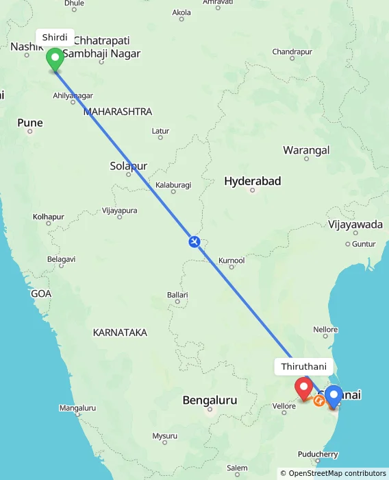 Route map showing distance and travel time from Shirdi, India to Thiruthani, India