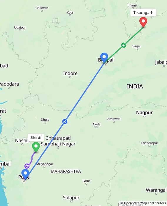 Route map showing distance and travel time from Shirdi, India to Tikamgarh, India