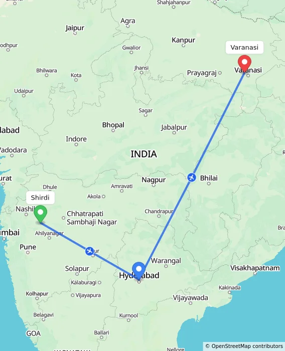 Route map showing distance and travel time from Shirdi, India to Varanasi, India