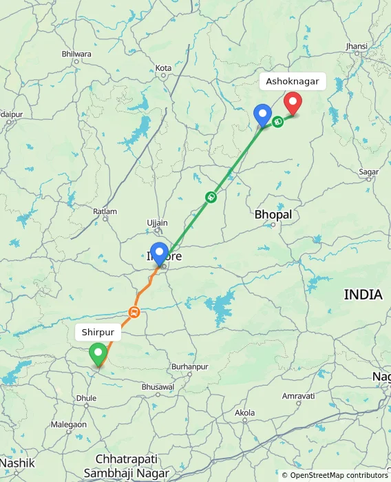 Route map showing distance and travel time from Shirpur, India to Ashoknagar, India