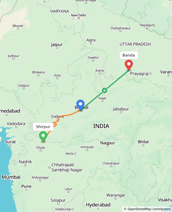 Route map showing distance and travel time from Shirpur, India to Banda, India