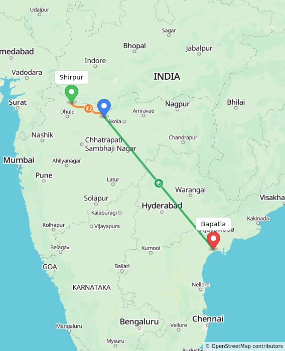 Route map showing distance and travel time from Shirpur, India to Bapatla, India