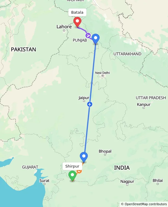 Route map showing distance and travel time from Shirpur, India to Batala, India