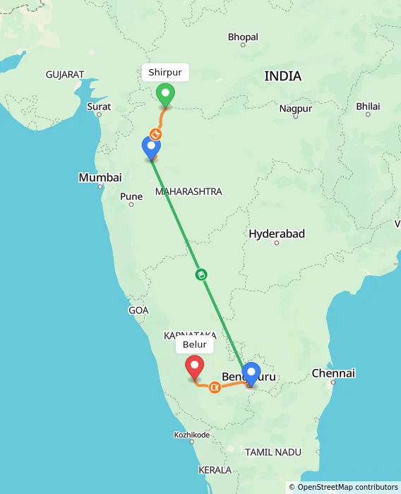 Route map showing distance and travel time from Shirpur, India to Belur, India