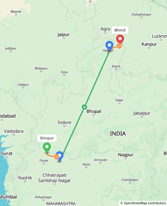 Route map showing distance and travel time from Shirpur, India to Bhind, India