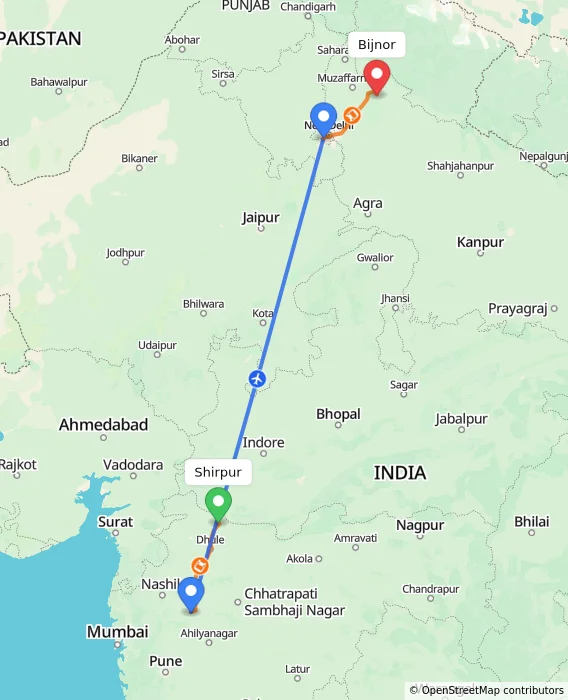 Route map showing distance and travel time from Shirpur, India to Bijnor, India