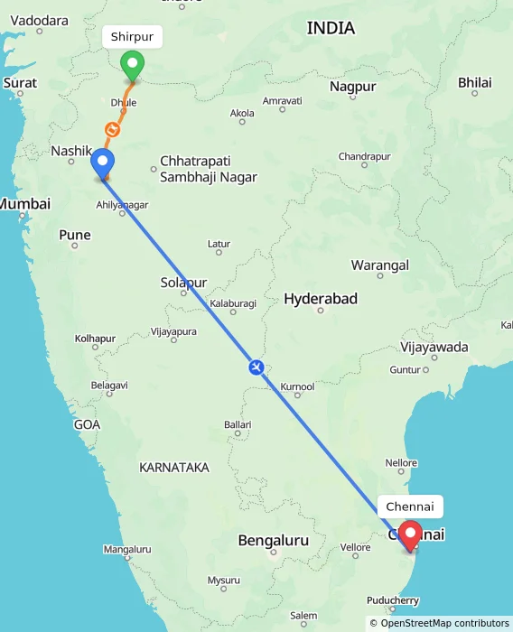 Route map showing distance and travel time from Shirpur, India to Chennai, India