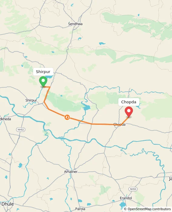 Route map showing distance and travel time from Shirpur, India to Chopda, India