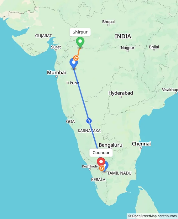 Route map showing distance and travel time from Shirpur, India to Coonoor, India