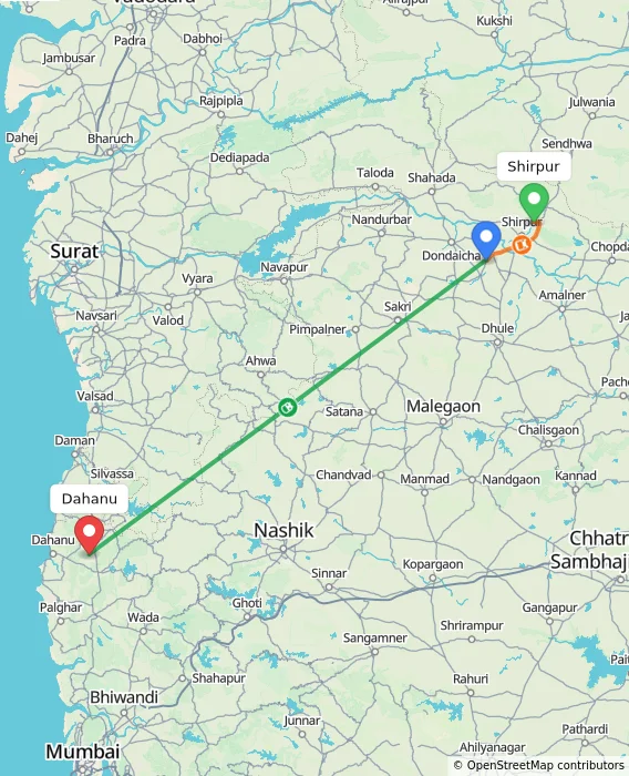 Route map showing distance and travel time from Shirpur, India to Dahanu, India