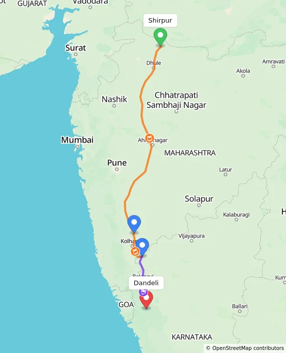Route map showing distance and travel time from Shirpur, India to Dandeli, India