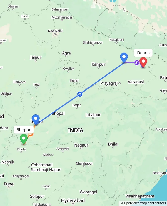 Route map showing distance and travel time from Shirpur, India to Deoria, India
