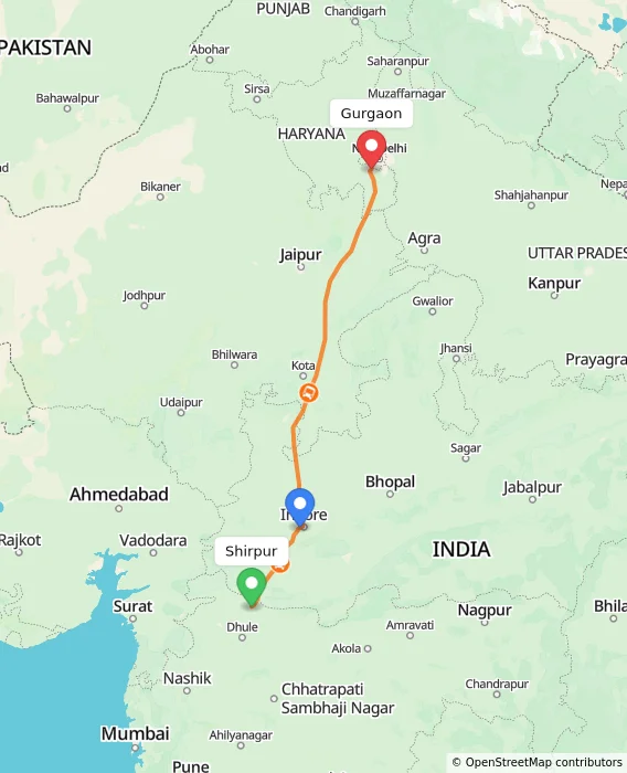 Route map showing distance and travel time from Shirpur, India to Gurgaon, India