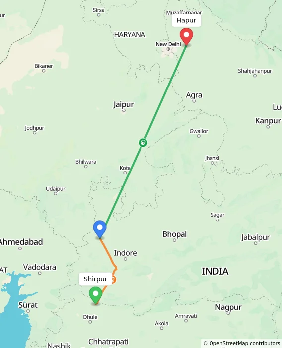 Route map showing distance and travel time from Shirpur, India to Hapur, India