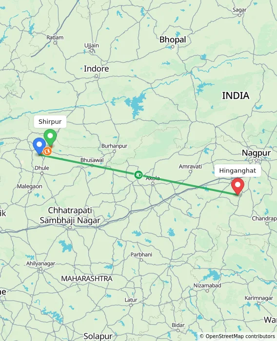 Route map showing distance and travel time from Shirpur, India to Hinganghat, India