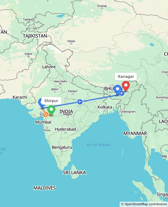 Route map showing distance and travel time from Shirpur, India to Itanagar, India