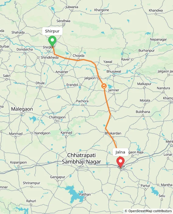 Route map showing distance and travel time from Shirpur, India to Jalna, India
