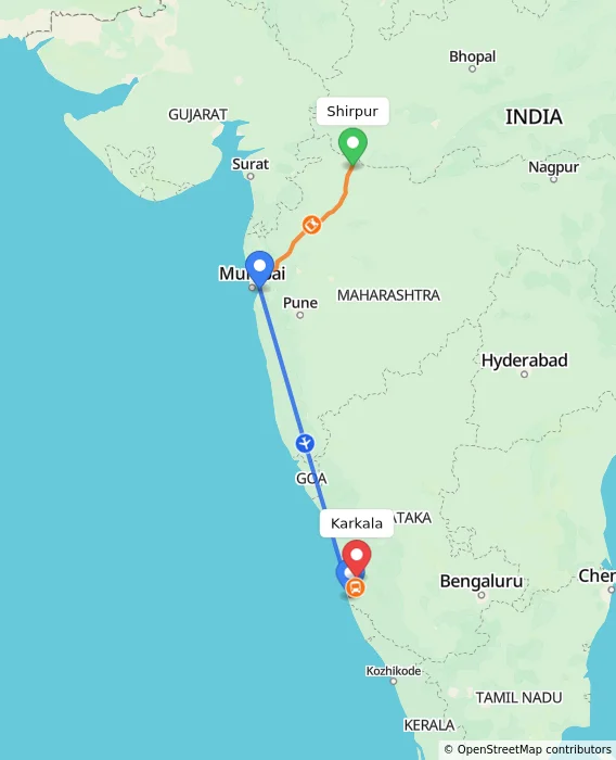 Route map showing distance and travel time from Shirpur, India to Karkala, India